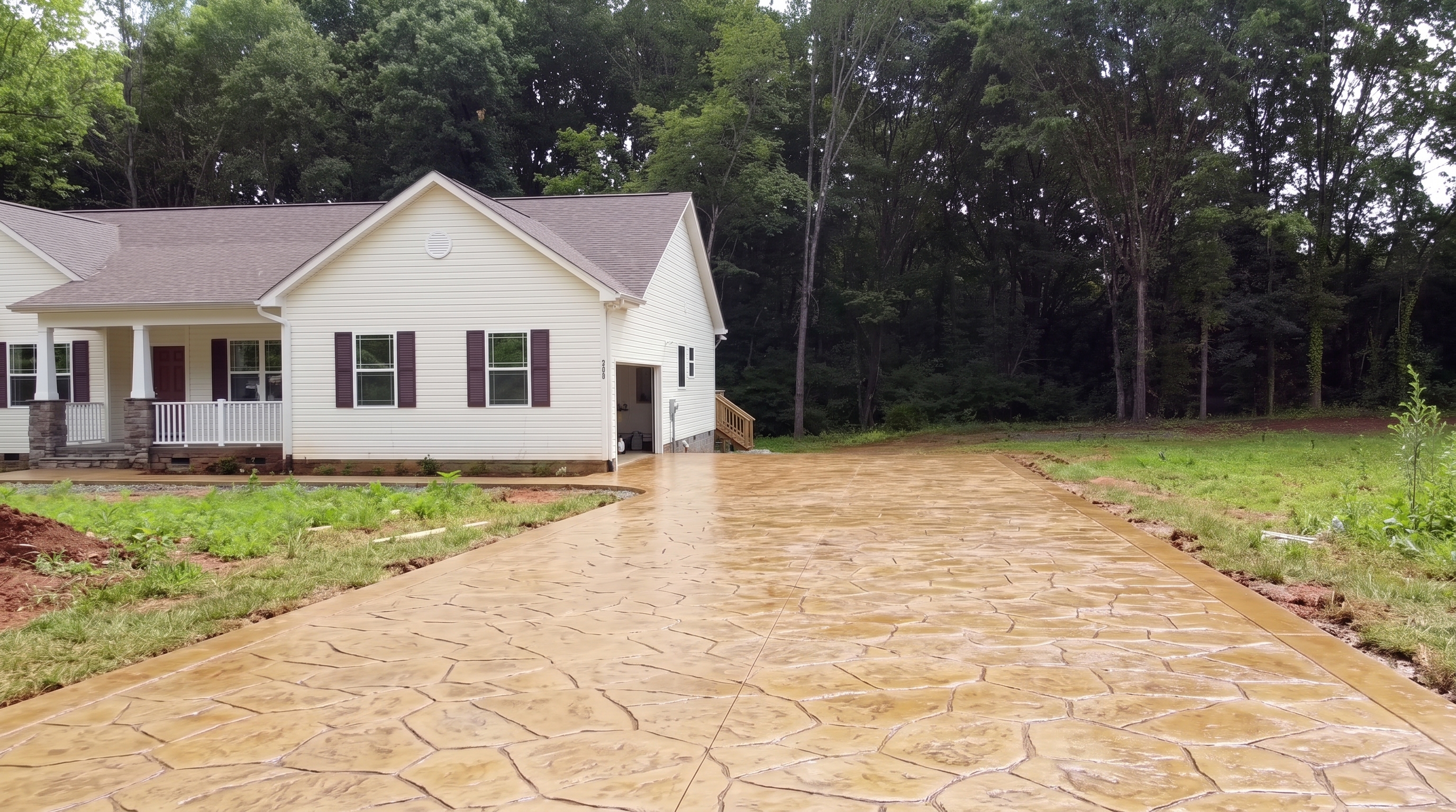 Finished ochre stamped concrete driveway in the Shelby, NC area